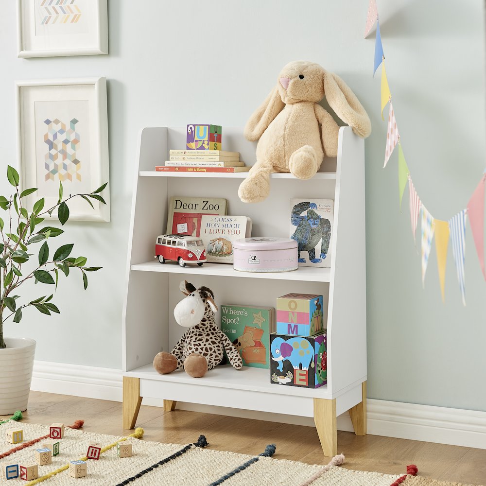 Steiner White 3-Tier Kids Freestanding Bookshelf - Contrasting Wood-Toned Legs. Picture 7