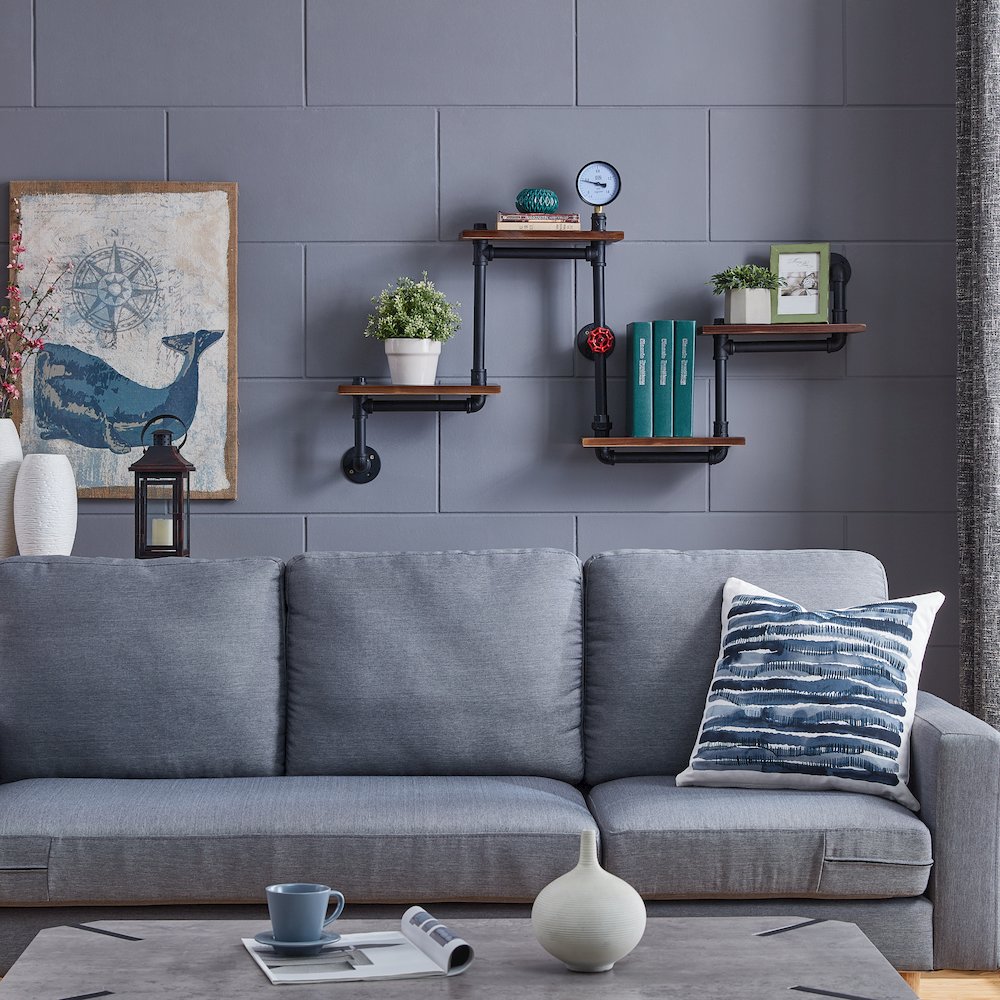 4-Tier Floating Corner Or Straight Rustic Pipe Shelving – Wall Mount. Picture 7