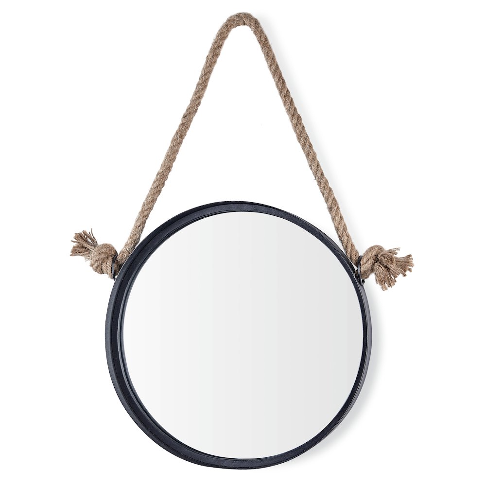 15” Black Iron Framed Round Accent Mirror with Hanging Rope. Picture 1