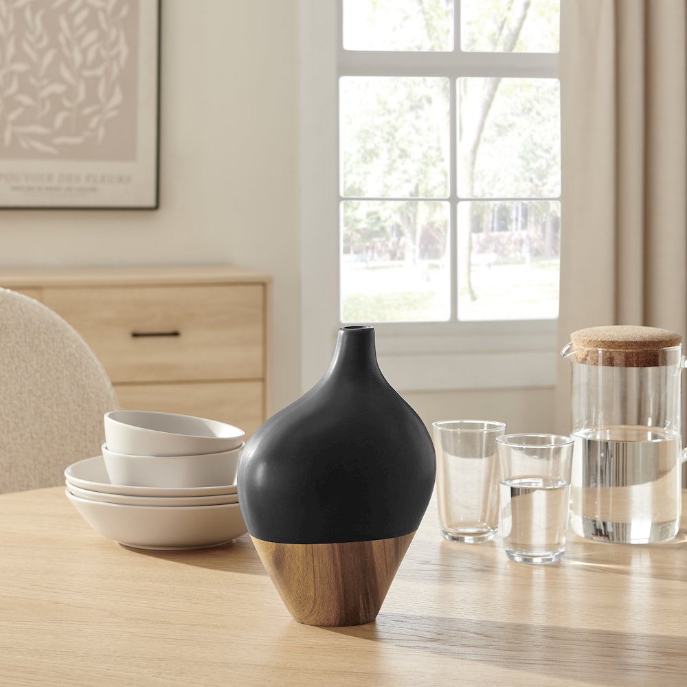 Milo Canteen Asymmetrical Modern Two Tone Tabletop Vase - Black and Walnut. Picture 4