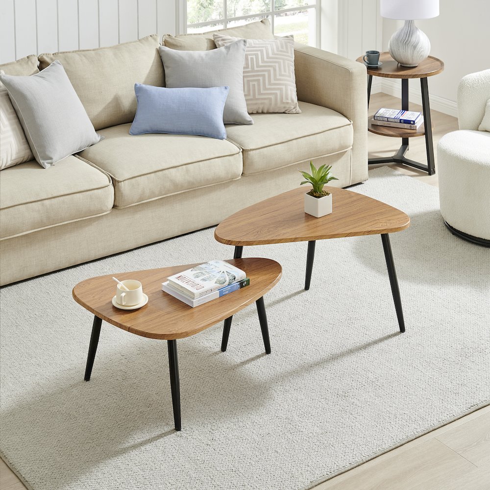 Aurora Oval Teardrop 2 Piece Semi-Nested Coffee Table Set - Natural Brown/Black. Picture 4