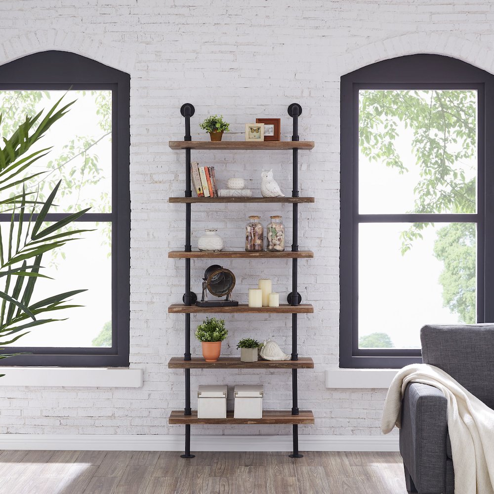 Distressed Wood Finish Rustic 6-Tier Iron Pipe Wall Mount Ladder Shelf. Picture 3