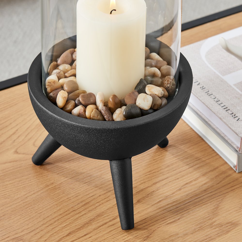 Molta Modern Black Metal Pedestal Glass Pillar Hurricane Candle Holder - Large. Picture 6