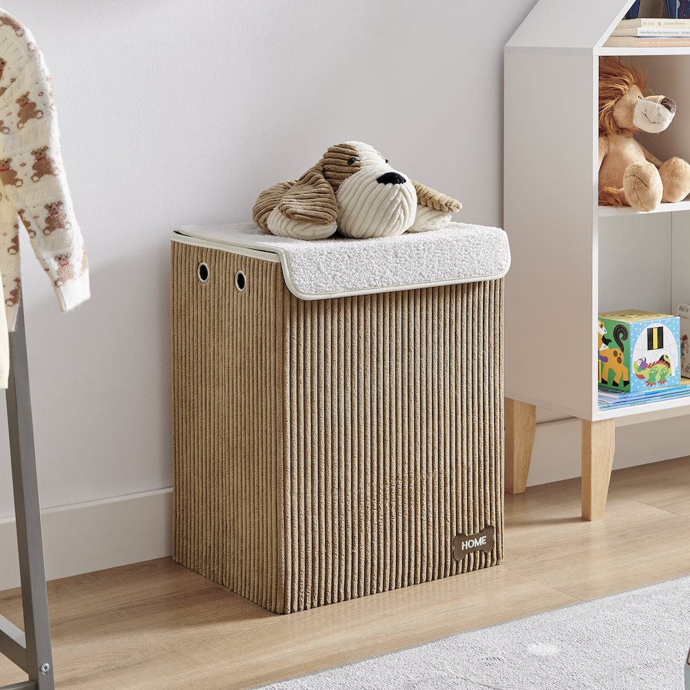 Collapsible Folding Corduroy Kids Plush Laundry Hamper Storage Brown/White Dog. Picture 3