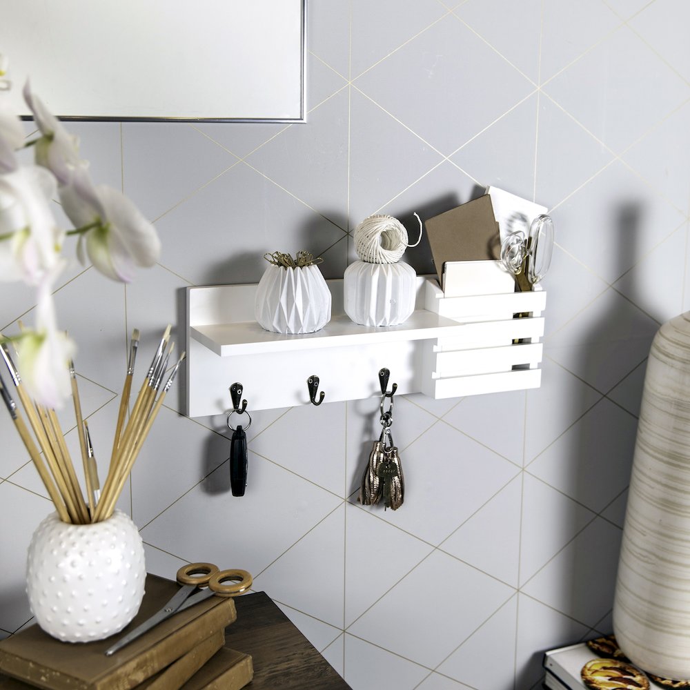 Utility Shelf with Pocket and Hanging Hooks - White. Picture 4