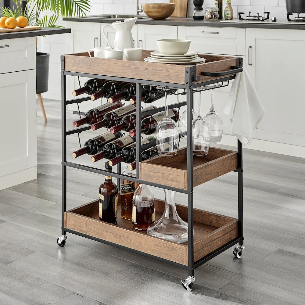 Rustic Walnut Metal Rolling Farmhouse Wine Bar Cart with Bottle and Glass Rack. Picture 3