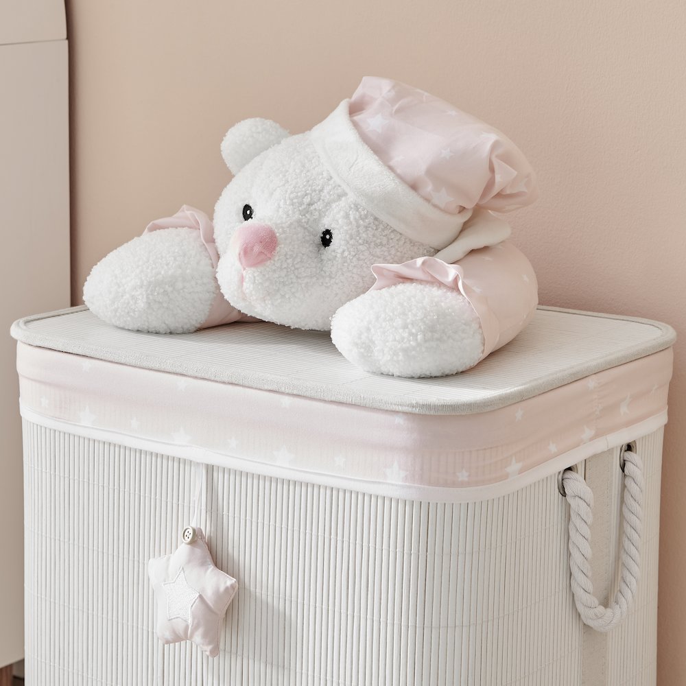 Pink/Cream Collapsible Folding Bamboo Kid Plush Laundry Hamper Sleepy Teddy Bear. Picture 7