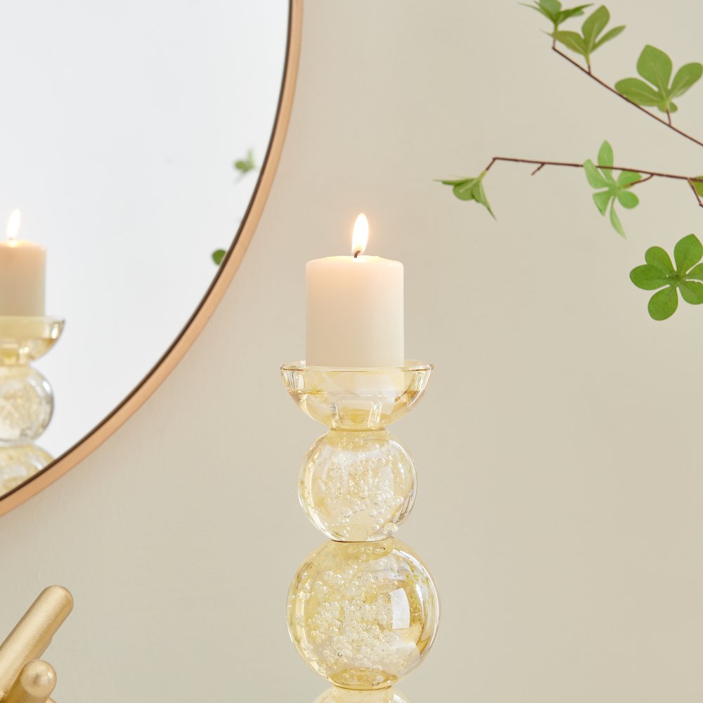 Enya Champagne Gold Tint Bubble Glass Stacked Orb Pillar Candle Holder Set of 2. Picture 6