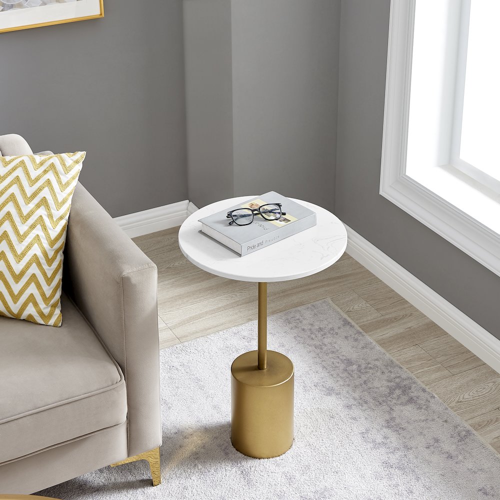 Fritz Pedestal Side Accent Table with Gold Metal Base Genuine White Marble Stone. Picture 5