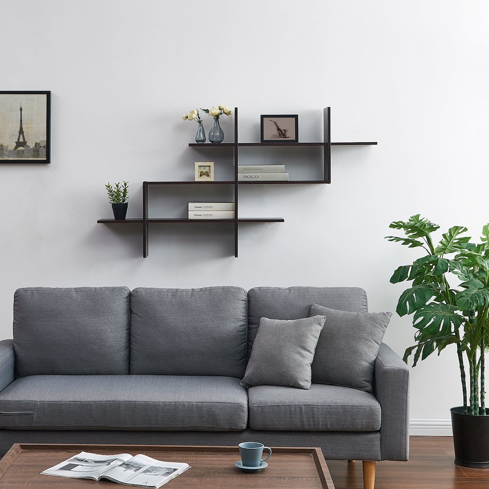 3-Tier Rustic Wall Mount Floating Ladder Asymmetrical Accent Shelf – Walnut. Picture 3