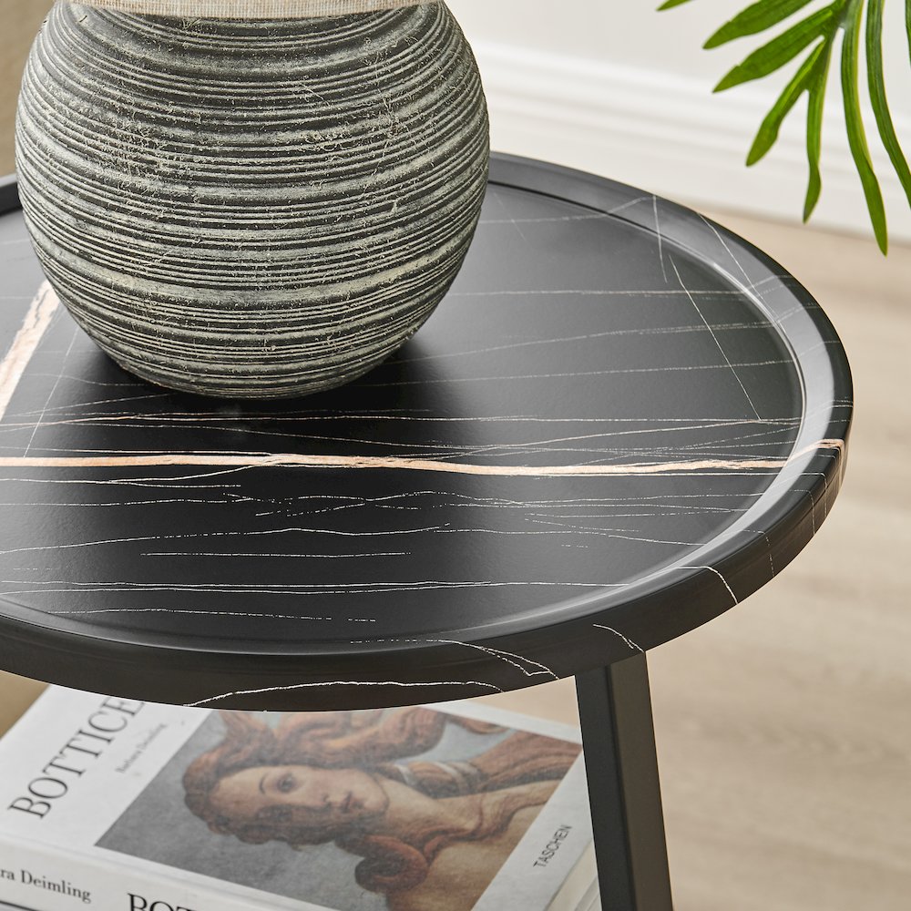 Skylar Round 3-Tier Side Accent Table with Raised Lip Edge - Black Marble/Black. Picture 10