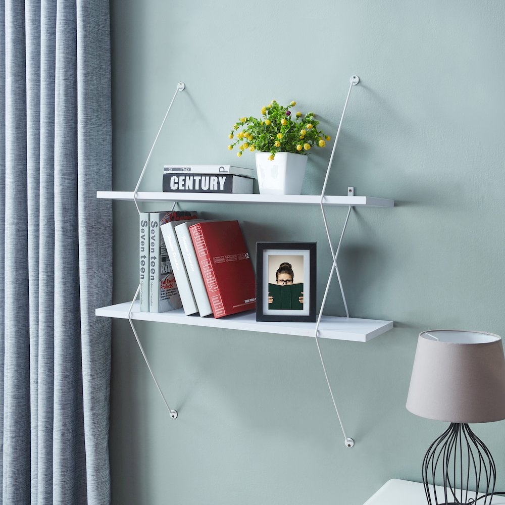 Contemporary Two Level White Shelving System with White Wire Brackets. Picture 2