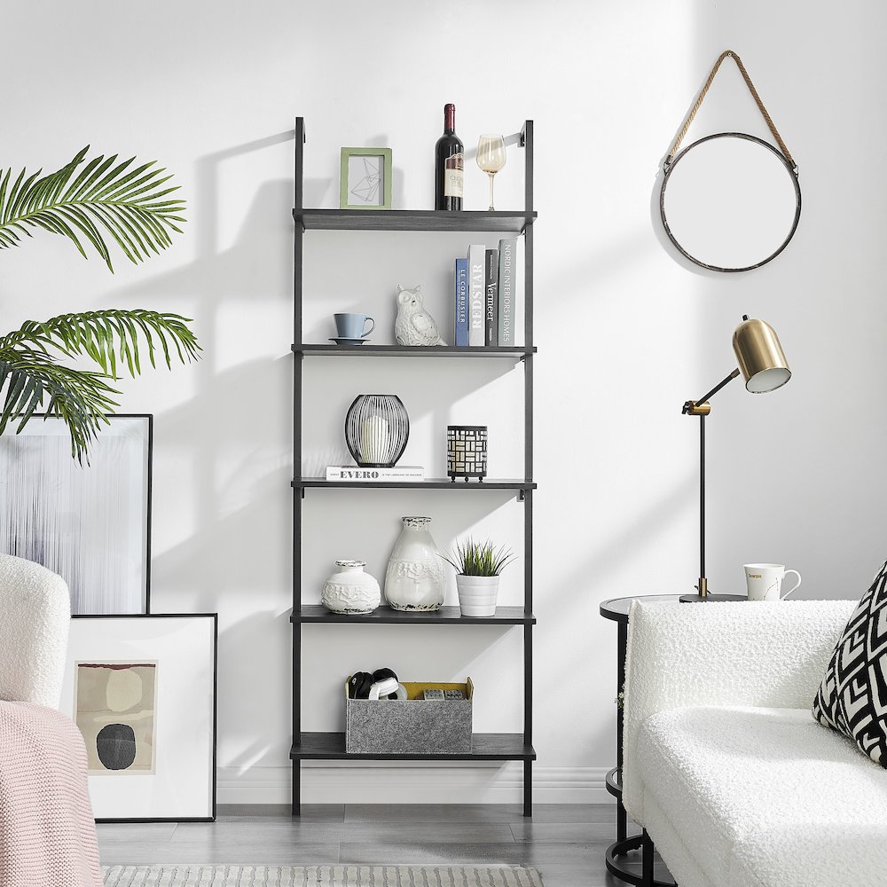 Everett 5-Tier Open Display Wall Mount Metal Frame Ladder Shelf - Black/Black. Picture 3