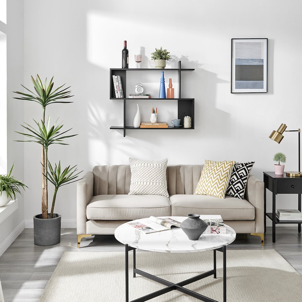 Manasa Floating Geometric Kilter Two-Tier Wall Shelf - Black. Picture 4