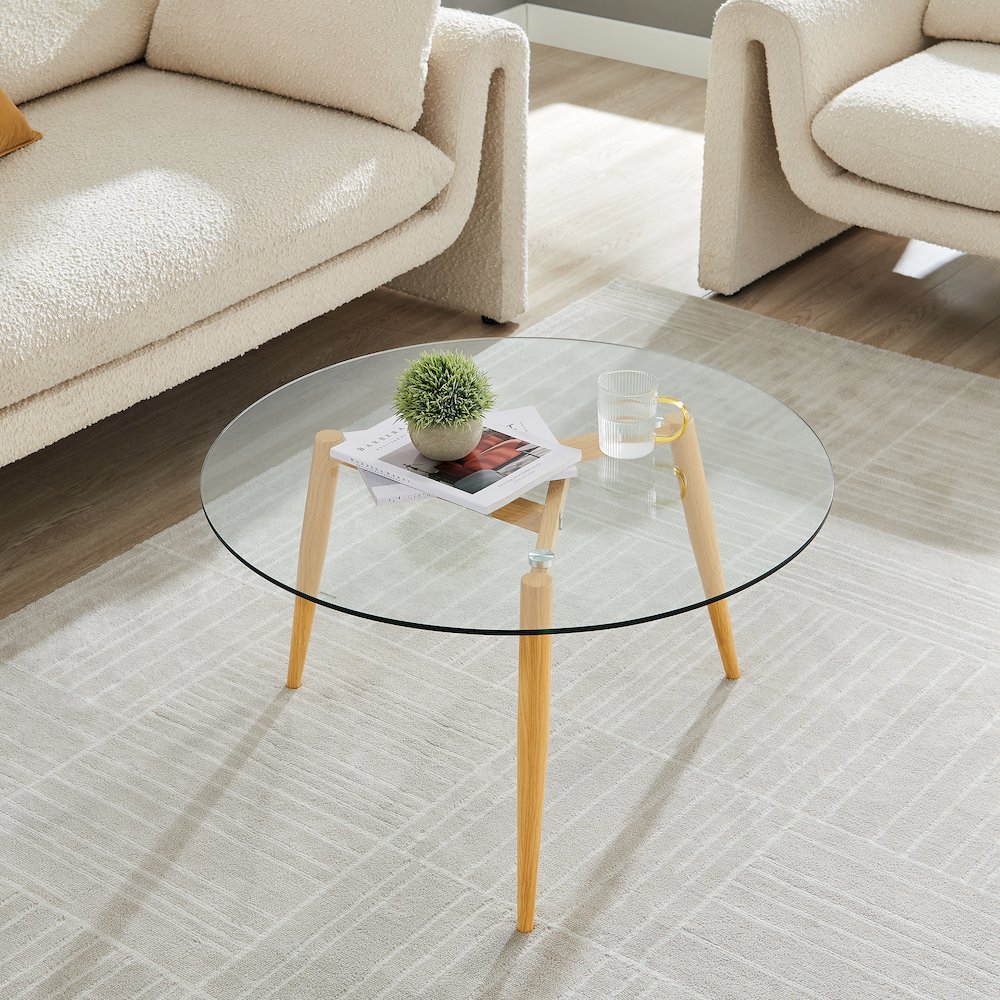 Van Beuren Coffee Table with Metal Taper Legs and Clear Glass Tabletop - Beech. Picture 5