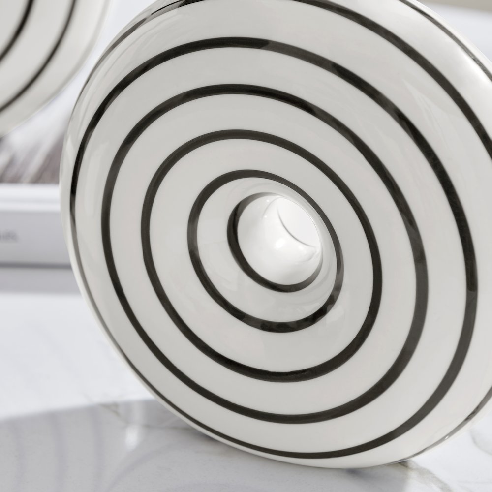 Etta 2 Piece Ceramic Black and White Striped Round Hollow Circle Donut Vase Set. Picture 6
