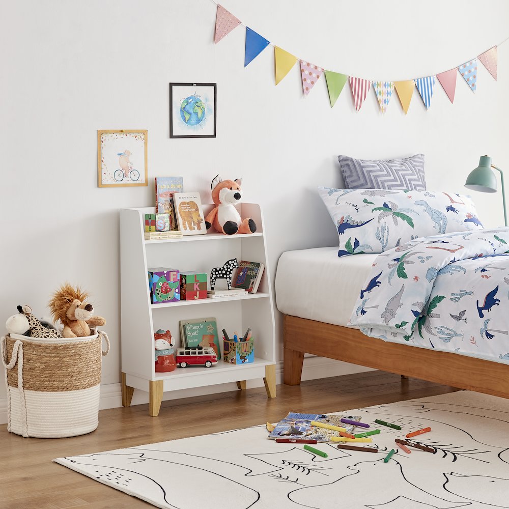 Steiner White 3-Tier Kids Freestanding Bookshelf - Contrasting Wood-Toned Legs. Picture 9