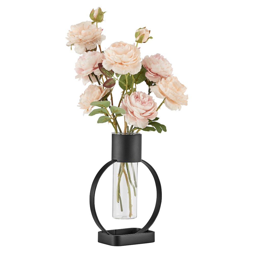 Jacob Modern Black Metal Open Circle Pedestal Clear Glass Tabletop Vase. Picture 9