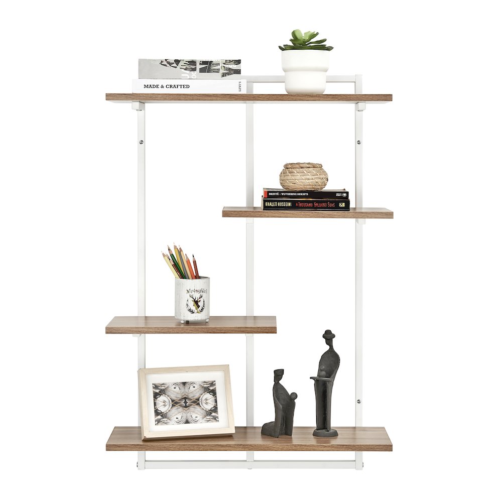 Rhodes 4 Tier Windowsill Wall Shelf White Metal Frame Light Walnut MDF Shelves. Picture 6