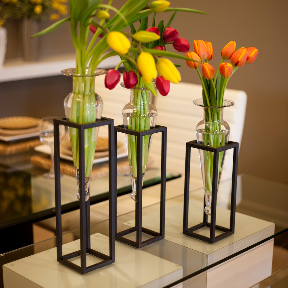 Set of 3 Clear Amphorae Vases on Square Tubing Metal Stands. Picture 3