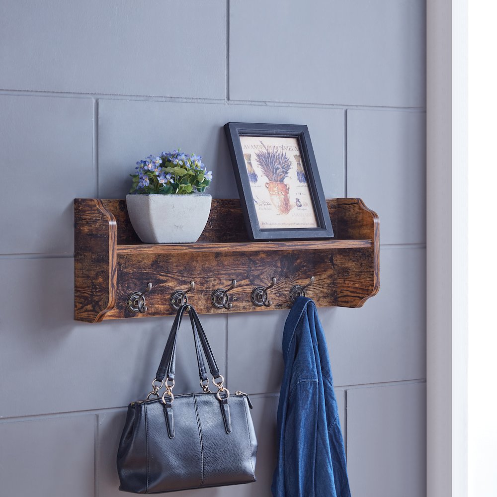 Utility Wall Shelf with Hooks - Aged Wood. Picture 2