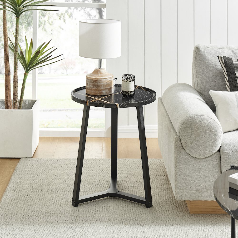 Harper Midcentury Round Raised Lip Edge Side Accent Table - Black Marble/Black. Picture 2