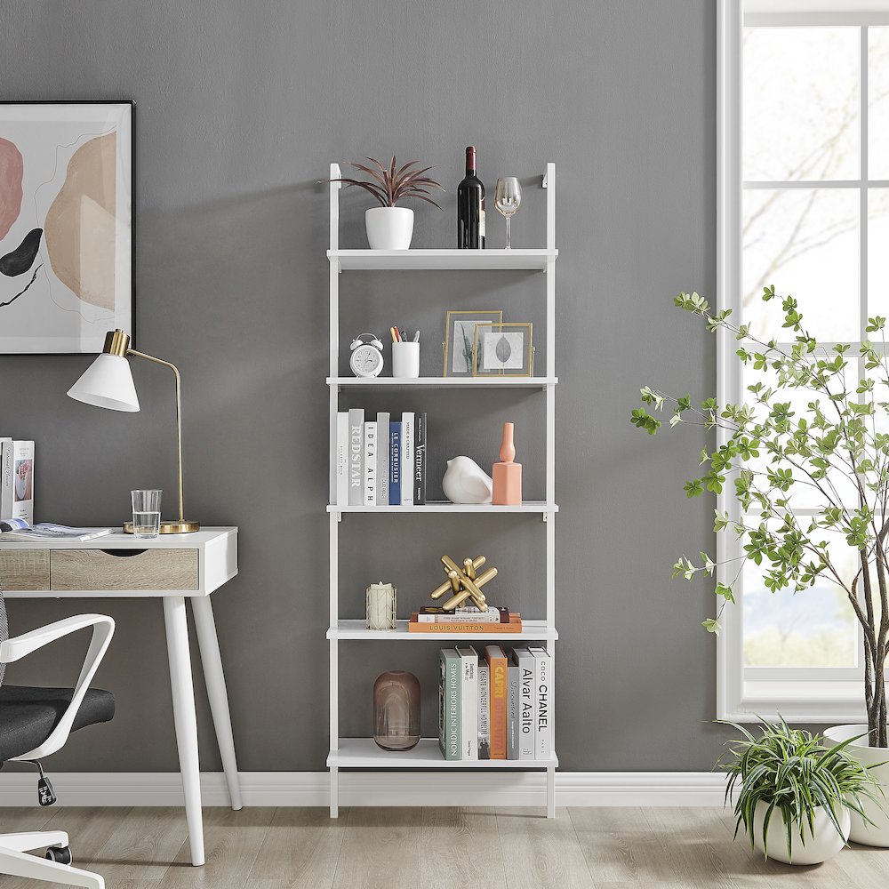 Everett 5-Tier Open Display Wall Mount Metal Frame Ladder Shelf - White/White. Picture 4
