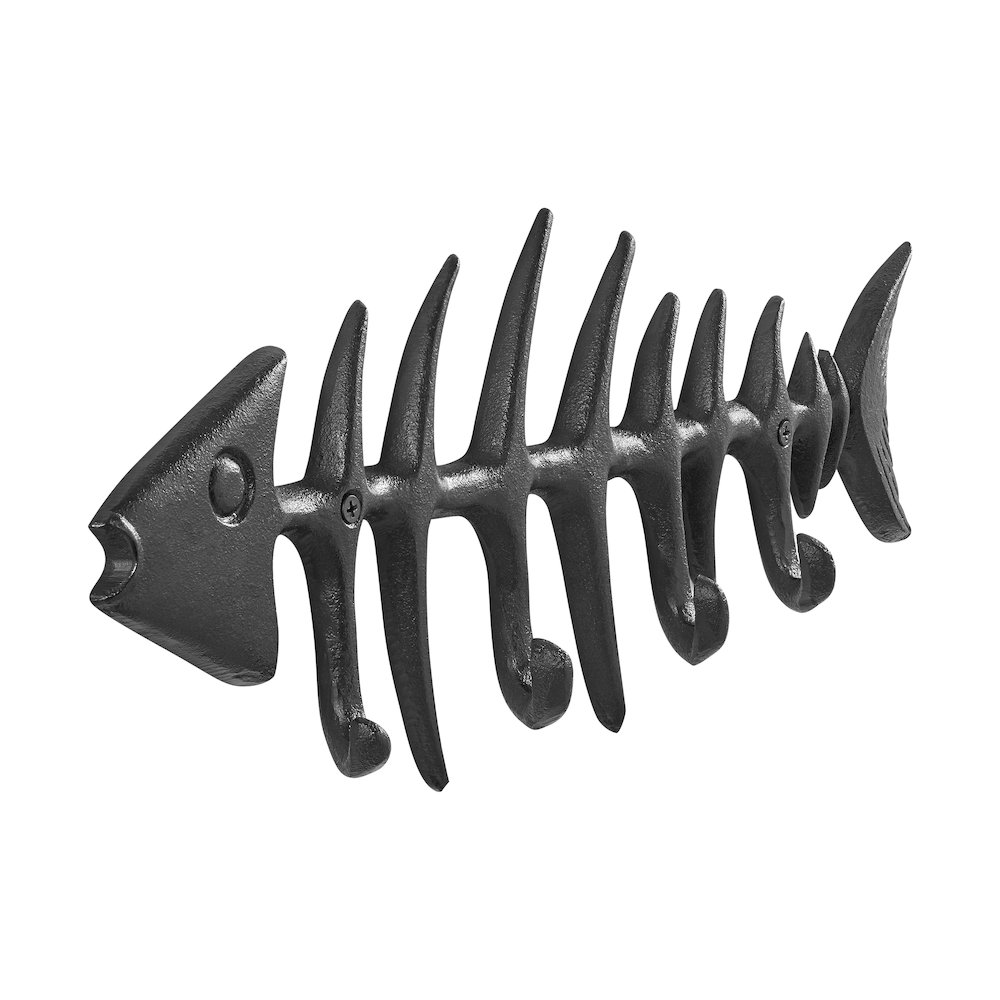 Dark Brown Cast Iron Fishbone Wall Sculpture Utility Hook Unit with 4 Hooks. Picture 7