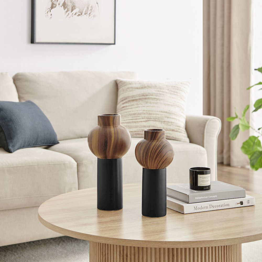 Milo Slickpin 2 Piece Modern Two Tone Tabletop Vase Set - Black and Walnut. Picture 2