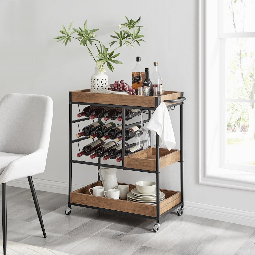 Rustic Walnut Metal Rolling Farmhouse Wine Bar Cart with Bottle and Glass Rack. Picture 6