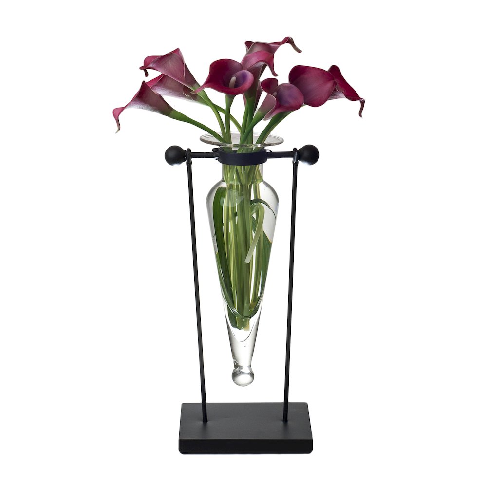 Clear Amphora Vase on Swiveling Iron Stand with Finials and Hinge. Picture 1