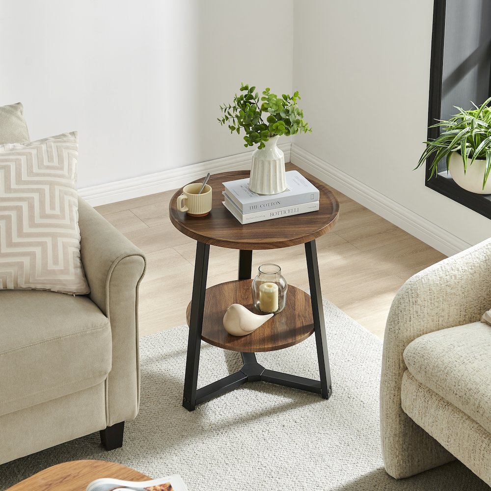 Mason Round 2-Tier Side Accent Table Raised Lip Edge Tabletop - Walnut/Black. Picture 7