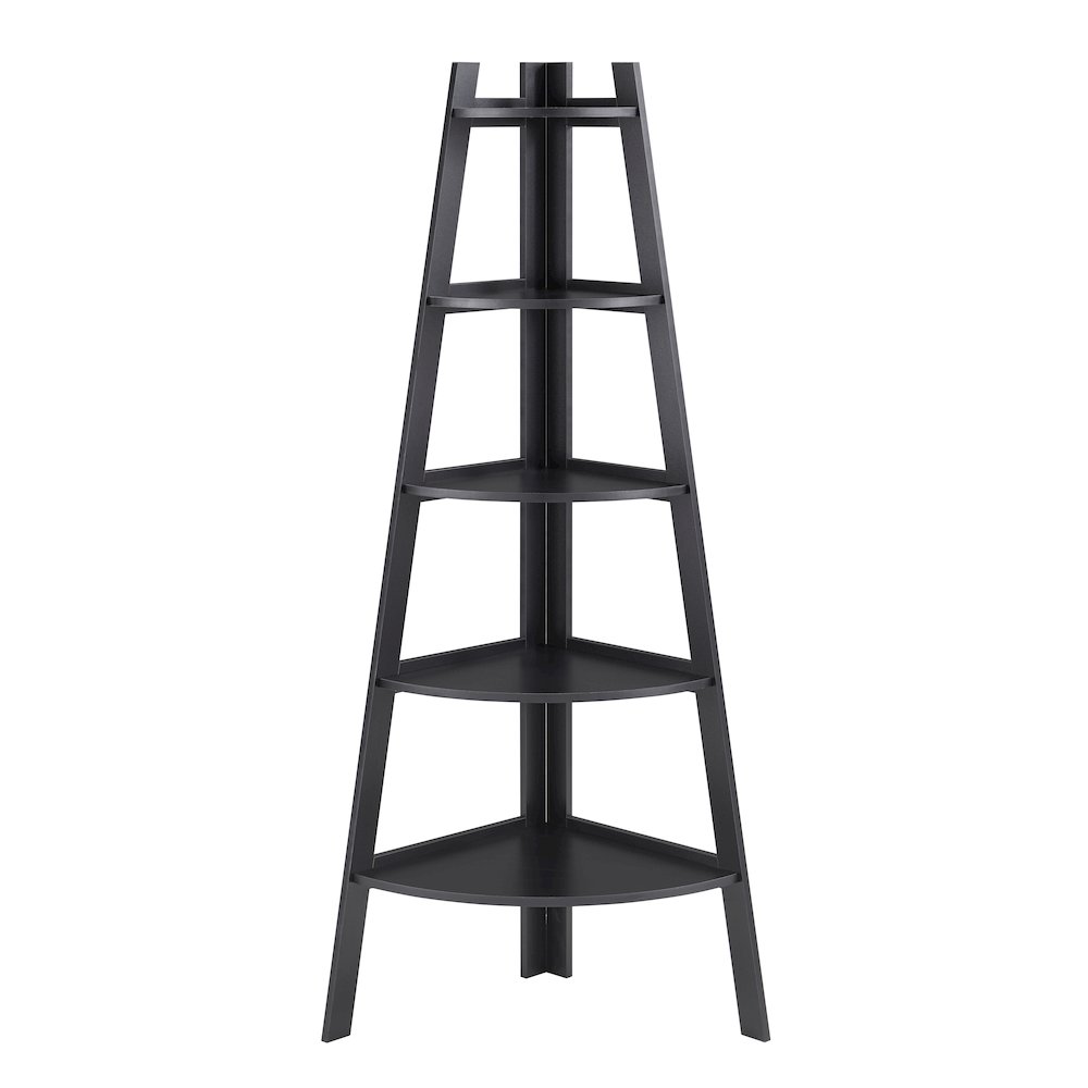 Decorative Free-Standing 5-Tier Pyramid Corner Ladder Shelves – Black. Picture 1