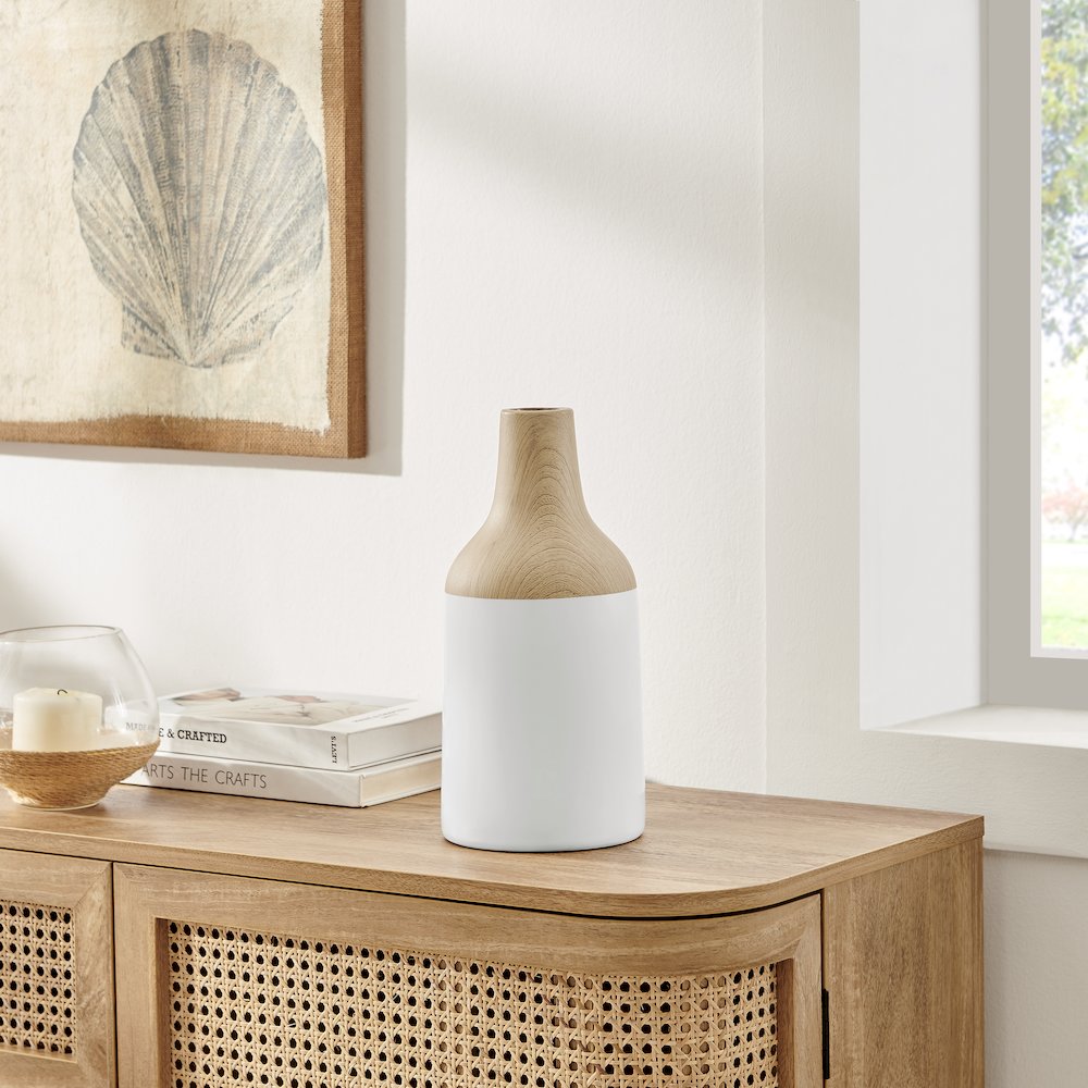 Nora Kanna Bottle Contemporary Two Tone Tabletop Vase - White and Beech. Picture 3