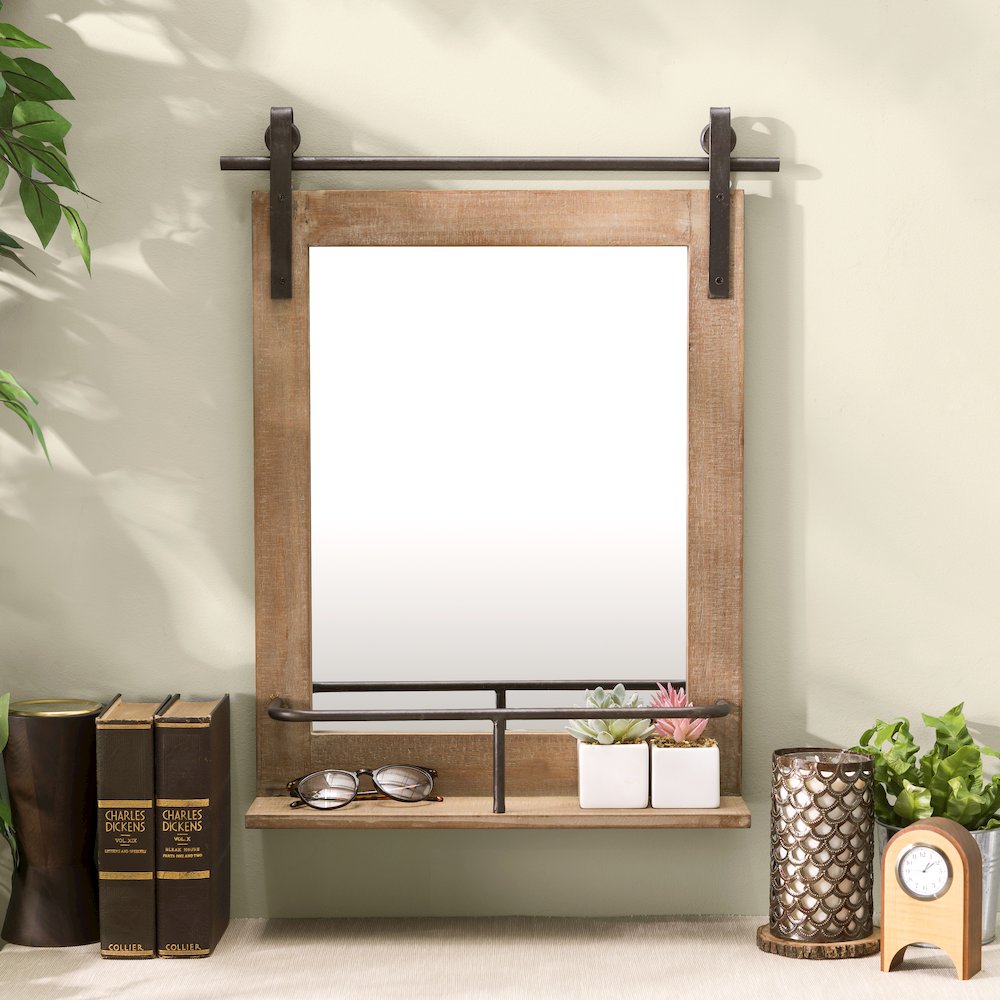 Rustic Wood-Framed Wall Mount Barn Door Vanity Mirror with Shelf. Picture 2