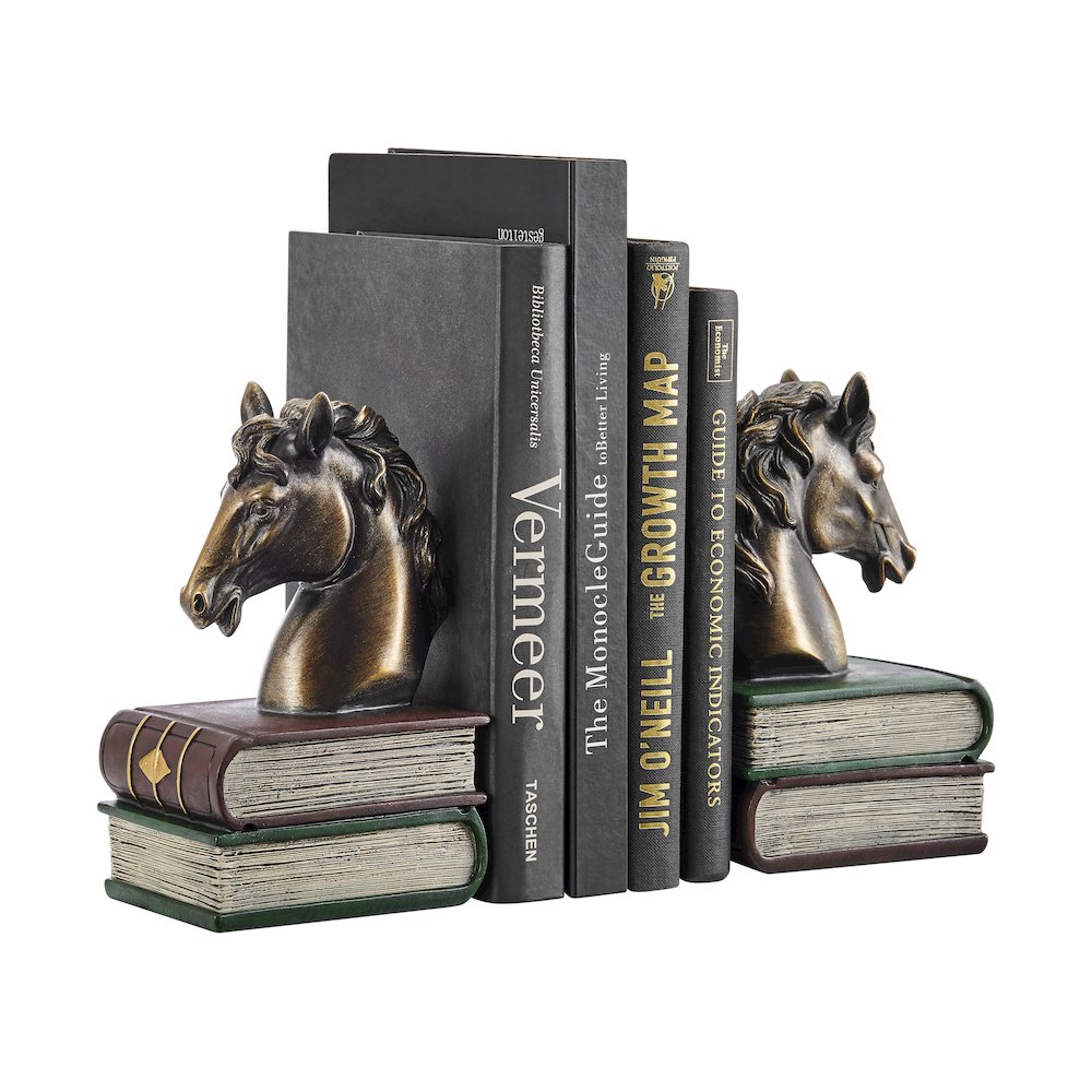 Horses on Books Polyresin Antique Patina Finish Bookend Set of 2. Picture 9