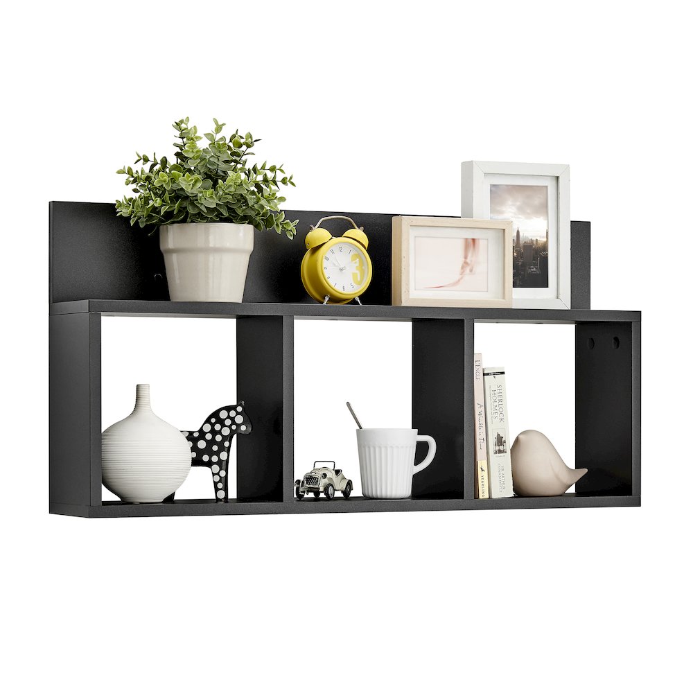 Modern 3 Cube Floating Cubby Wall Shelf with Display Ledge- Black. Picture 9