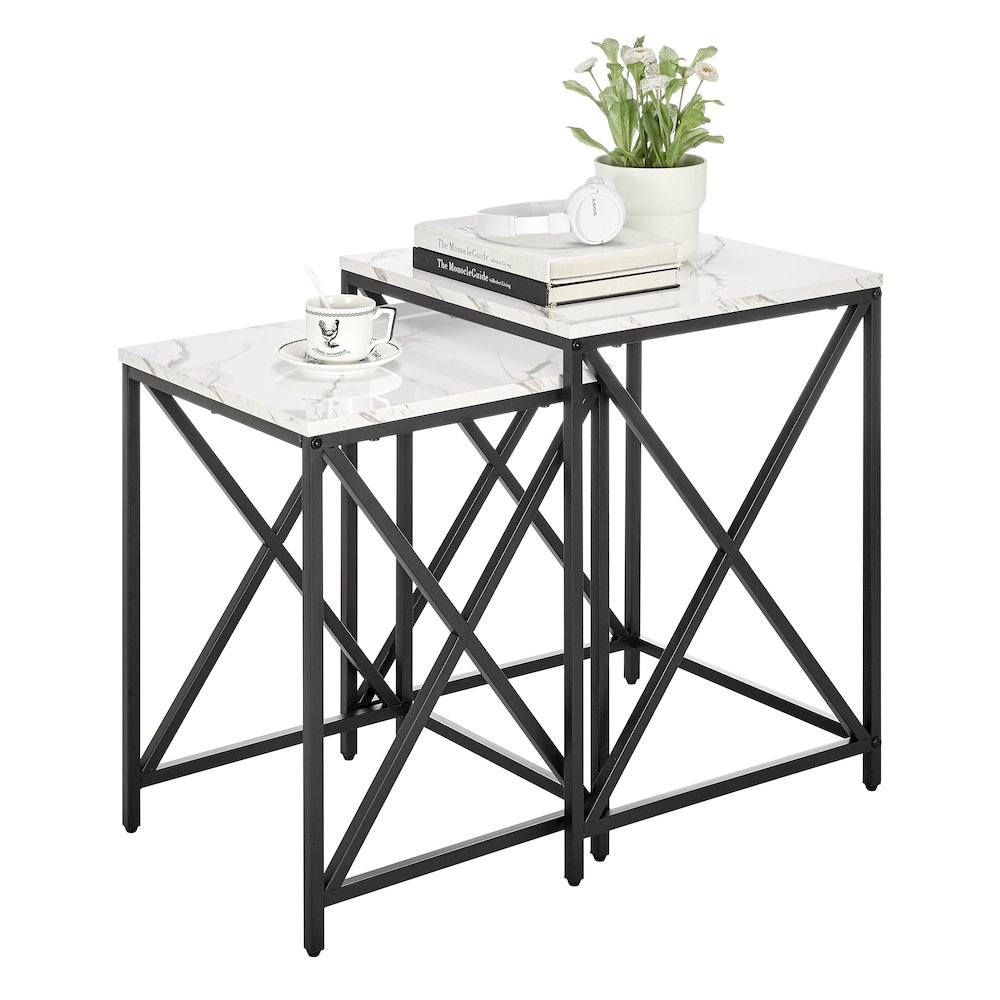 Modern Square Veneer Black Metal Frame Nesting End Tables White Marble Set of 2. Picture 12