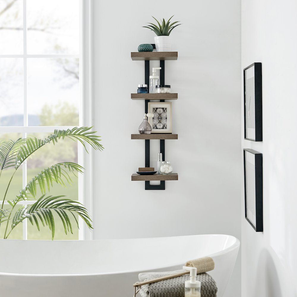 4-Tier Ladder Bracket Floating Wall Shelves - Black Metal and Walnut Finish. Picture 5
