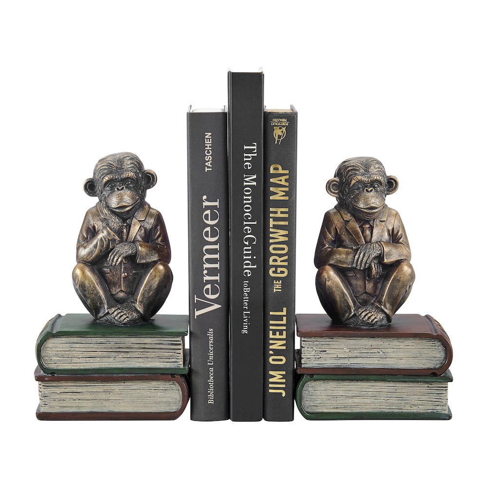 Monkeys on Books Polyresin Antique Patina Finish Bookend Set of 2. Picture 1