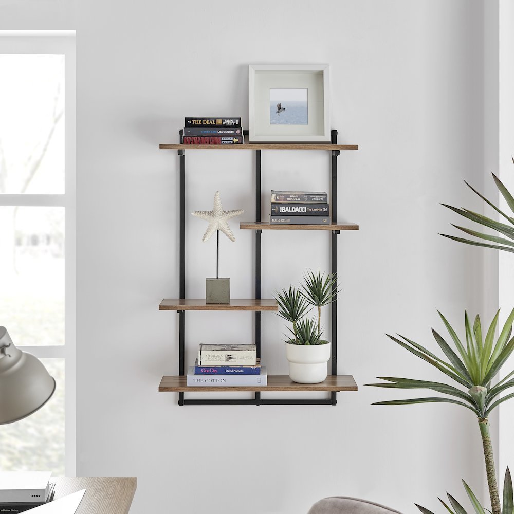 Rhodes 4 Tier Windowsill Wall Shelf Black Metal Frame Light Walnut MDF Shelves. Picture 2