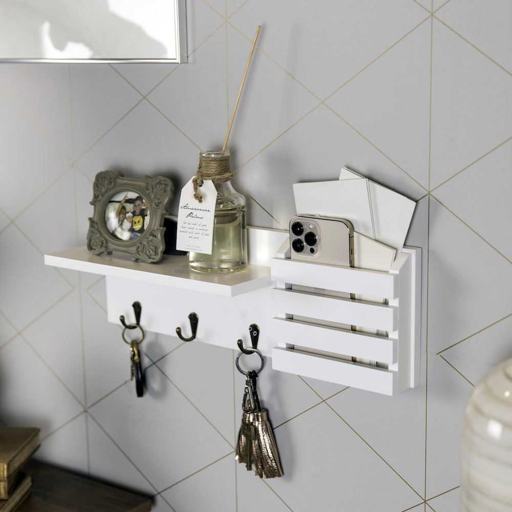 Utility Shelf with Pocket and Hanging Hooks - White. Picture 5
