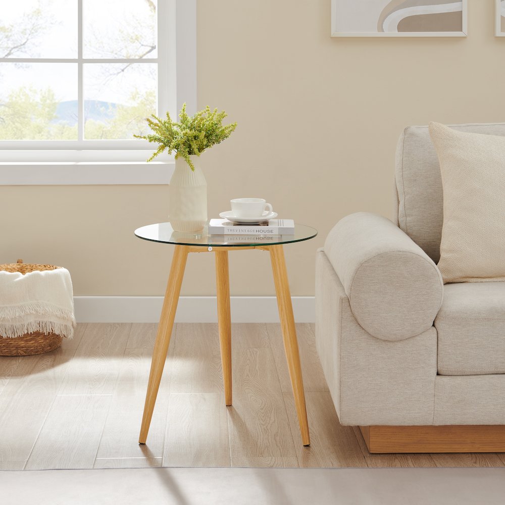 Van Beuren Side Table Modern Metal Taper Legs and Clear Glass Tabletop - Beech. Picture 2