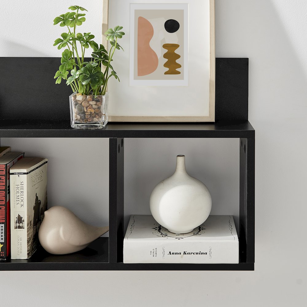 Modern 3 Cube Floating Cubby Wall Shelf with Display Ledge- Black. Picture 6