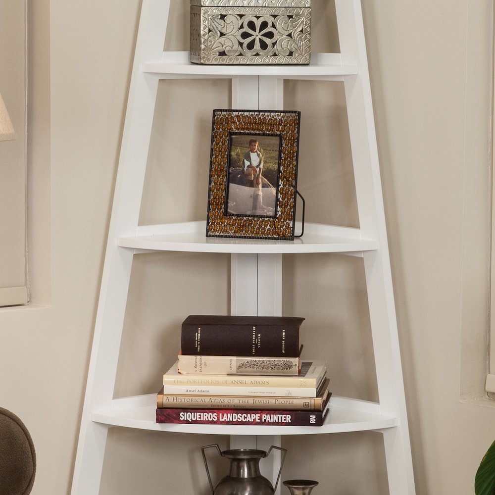 Five Tier Corner Ladder White Display Bookshelf. Picture 3