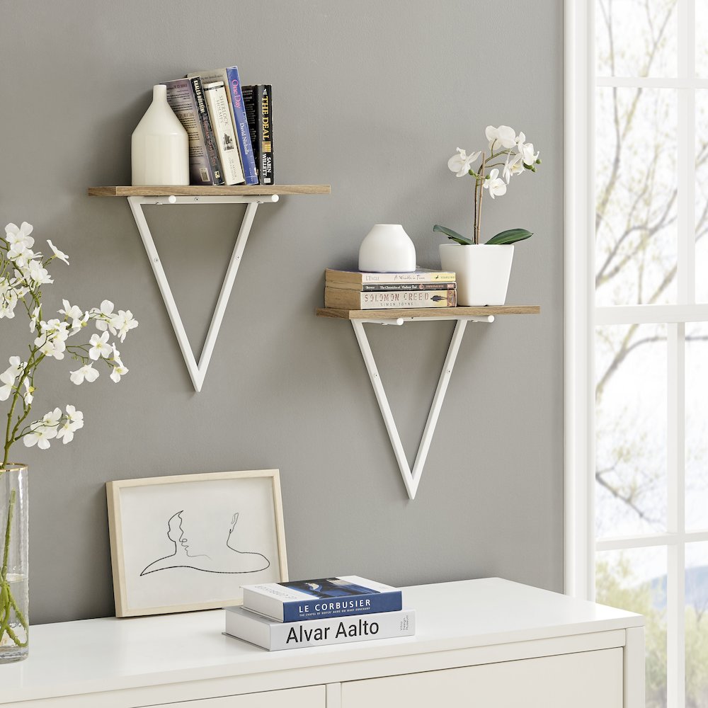Triangle Accent Wall Shelf Reversible Configuration - White Metal Walnut Finish. Picture 5