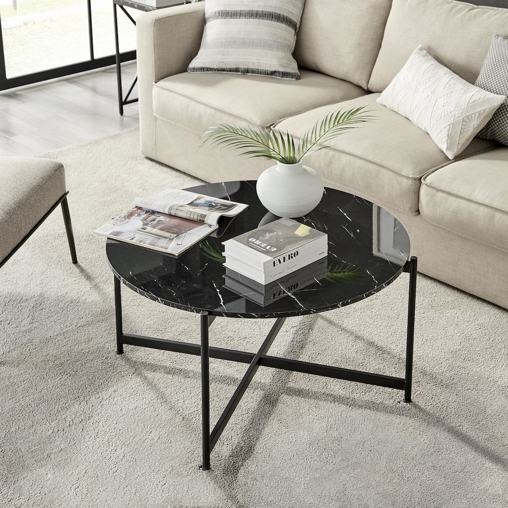 Round Marble Finish Veneer Top Black Metal Large Coffee Table - Black Marble. Picture 5