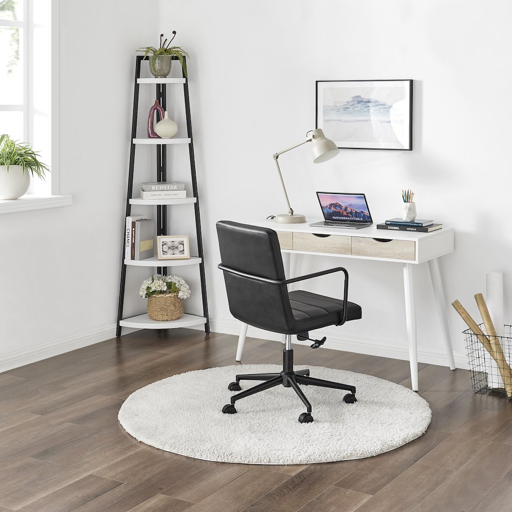Free-Standing 5-Tier Pyramid Corner Shelf in Black Metal with White MDF Shelves. Picture 5