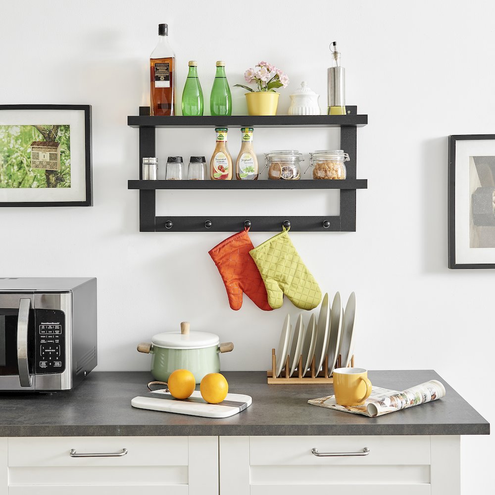 2-Tier Ledge Wall Shelf Organizer with 5 Hanging Coat or Towel Hooks - Black. Picture 5