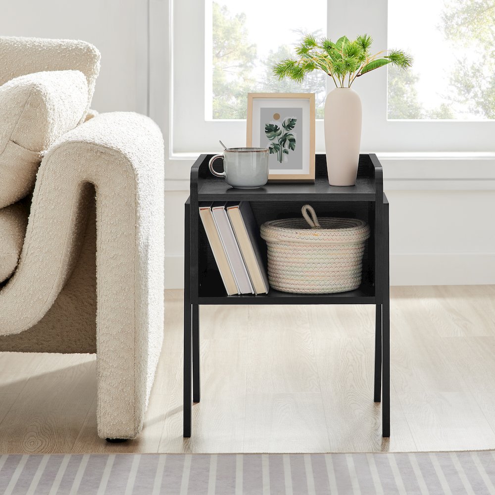 Kazuyo Mid-Century Modern Black Metal Two-Tier End Side Table - Black. Picture 2